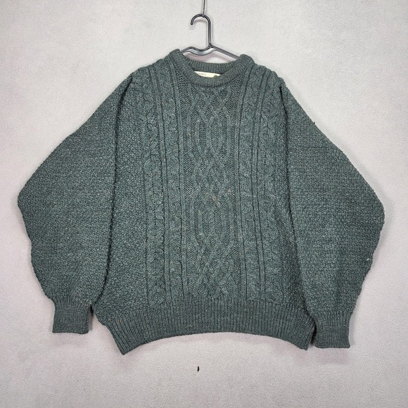 Country Collection Sweater Mens XL Green Wool Aran Cable Knit Crewneck Ireland - Picture 1 of 7